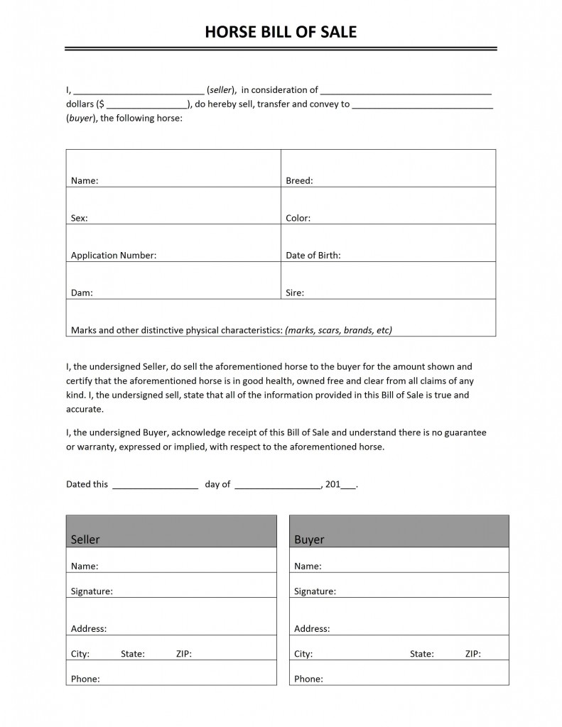 free basic horse bill of sale template