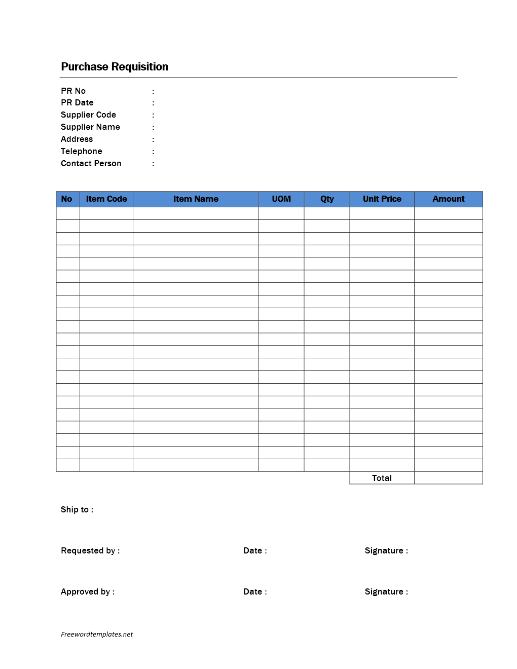 Purchase Requisition Form | Freewordtemplates.net