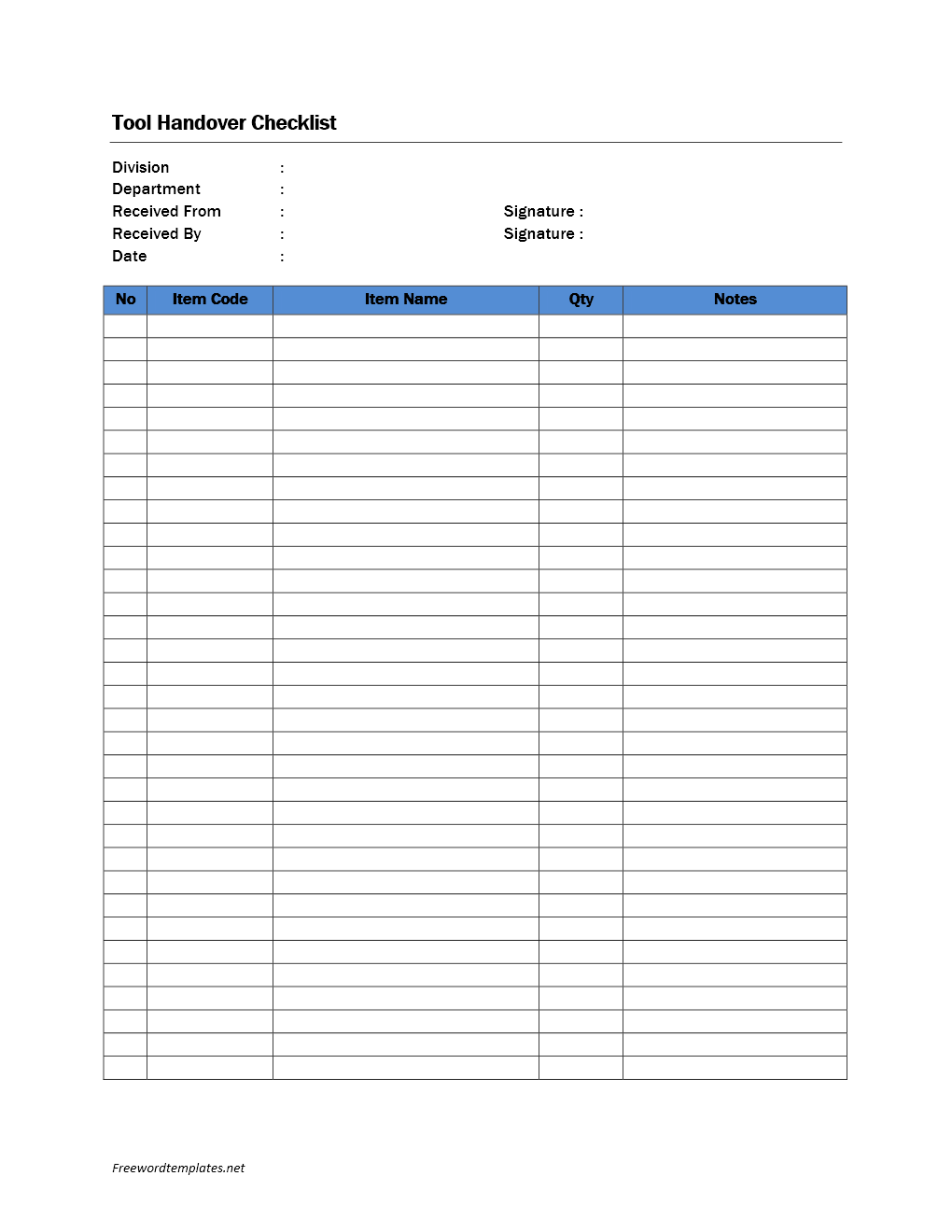 Checklist Template For Tools Tool Handover Checklist Template