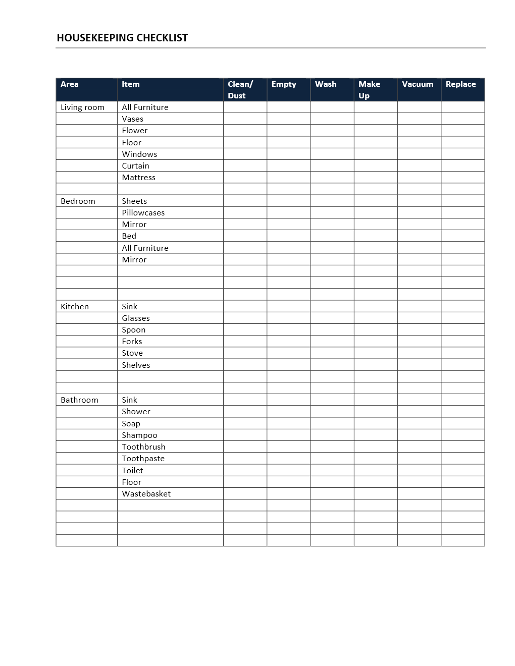 Checklist Forms Housekeeping Housekeeping Checklist Template