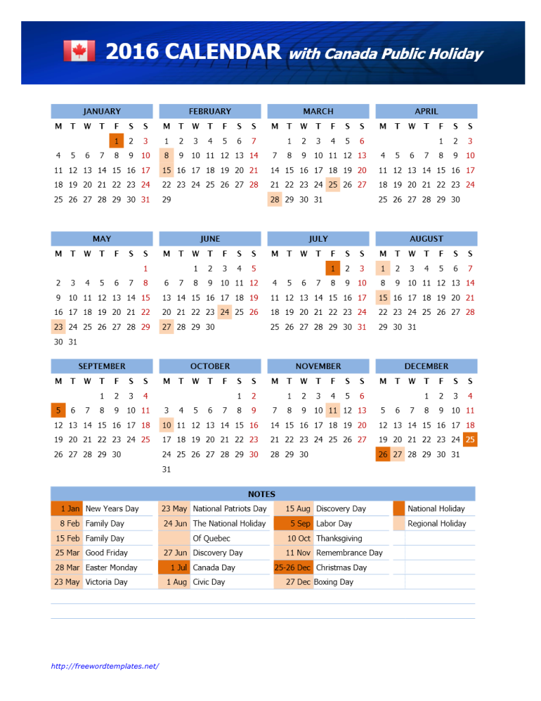 2016 Canada Public Holidays Calendar