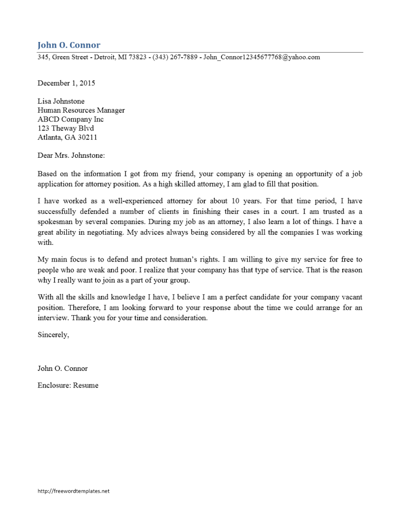 Sample cover letter for attorney position