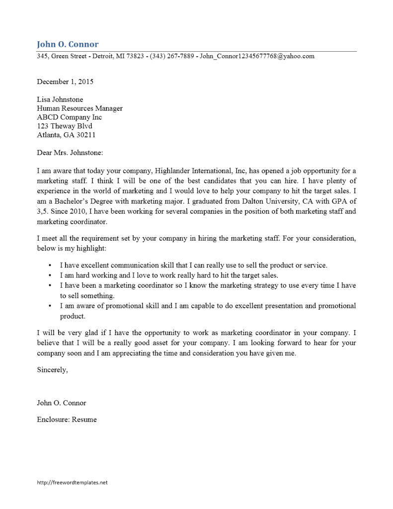 Cover Letter Template - Marketing Staff
