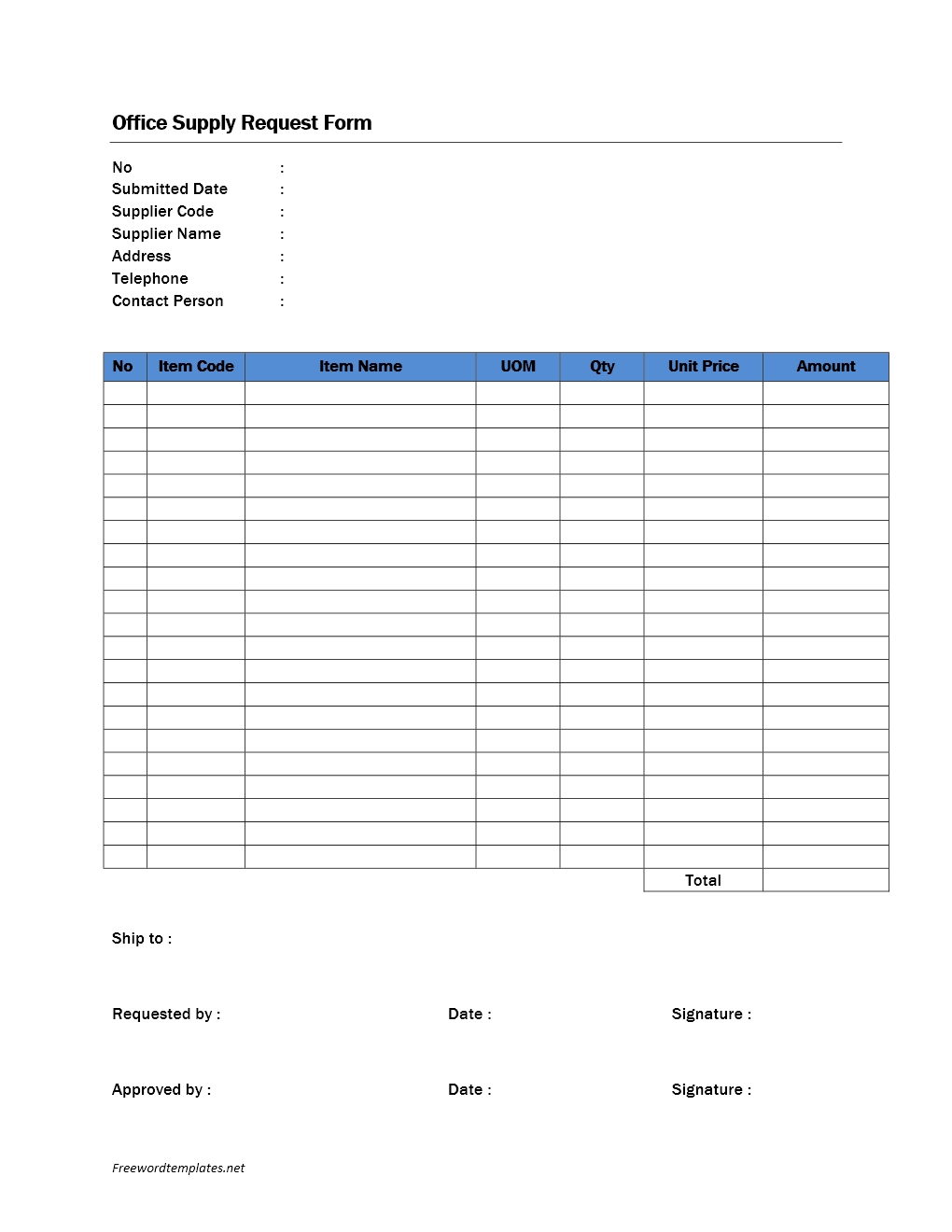 Office Supplies Request Form Template