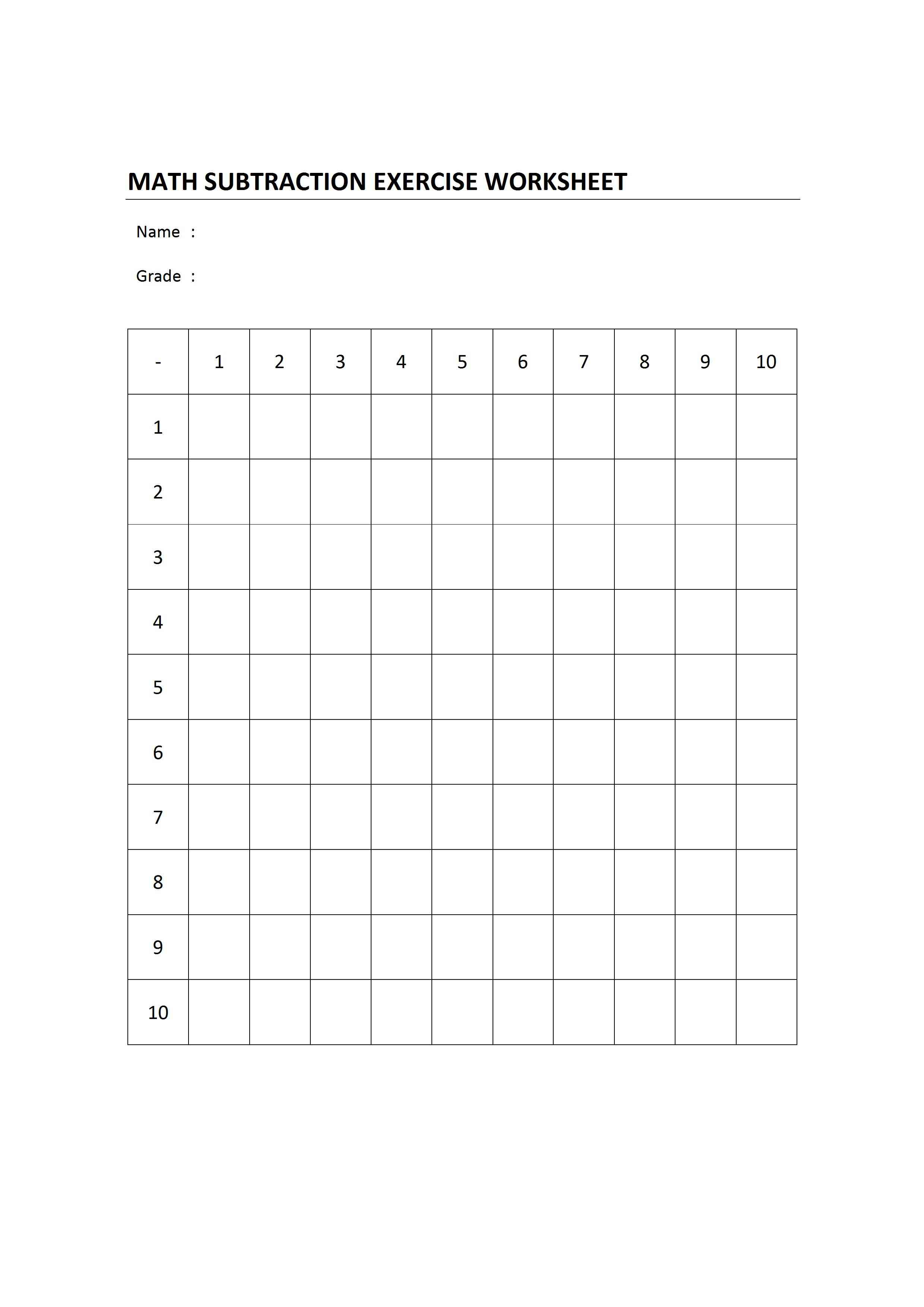 Math Subtraction Table Worksheet