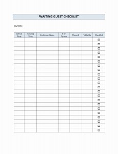 Restaurant Waiting Guest Checklist Template for Word