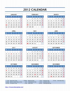 2012 Yearly Calendar for Word