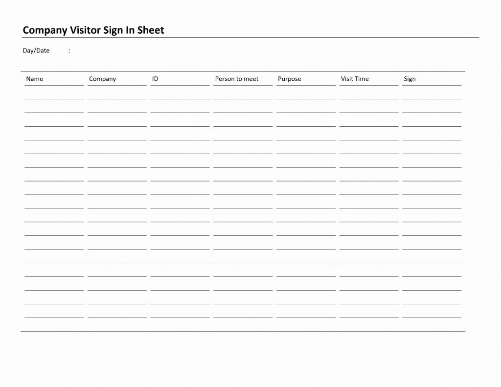Company Visitor Sign In Sheet Template for Word