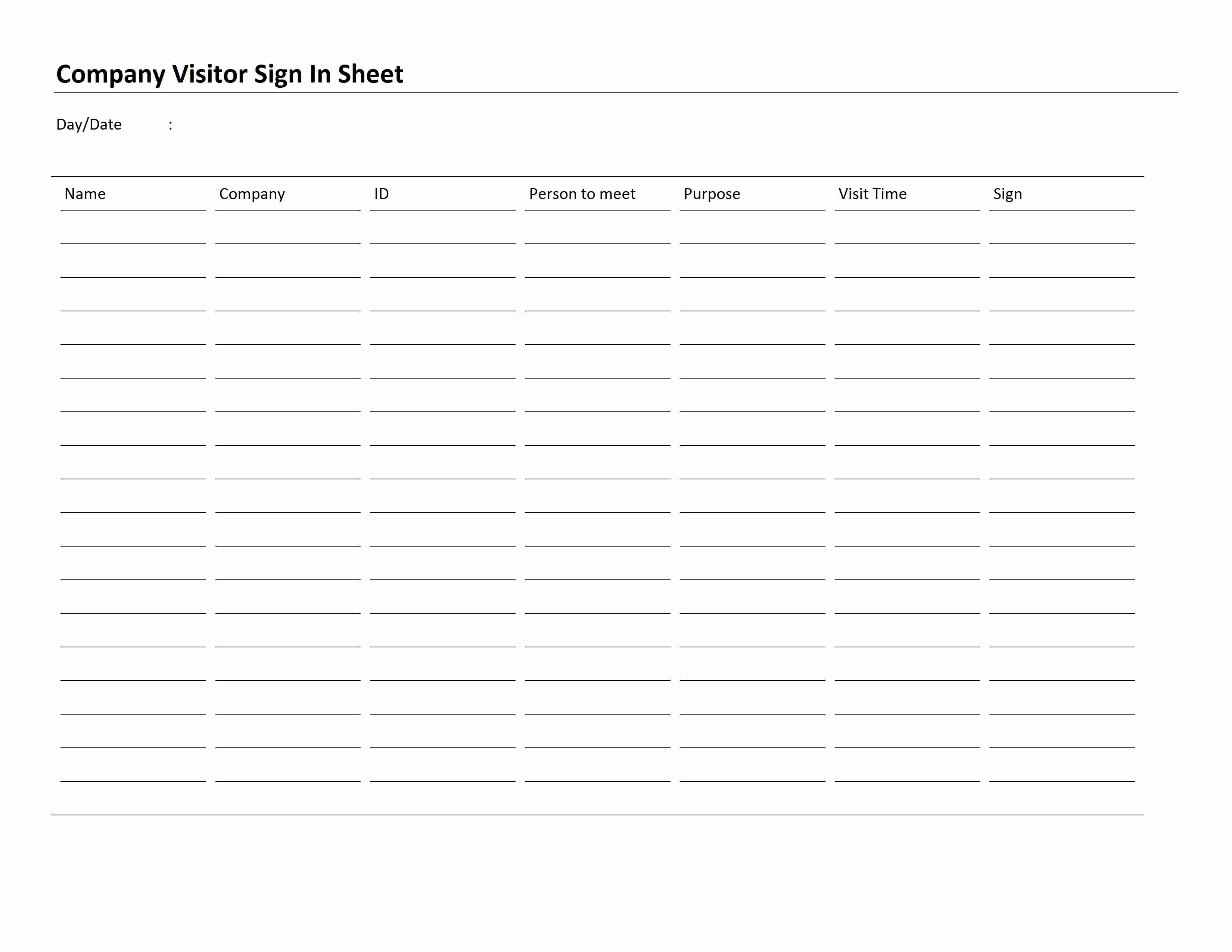 Company Visitor Sign In Sheet Template for Word