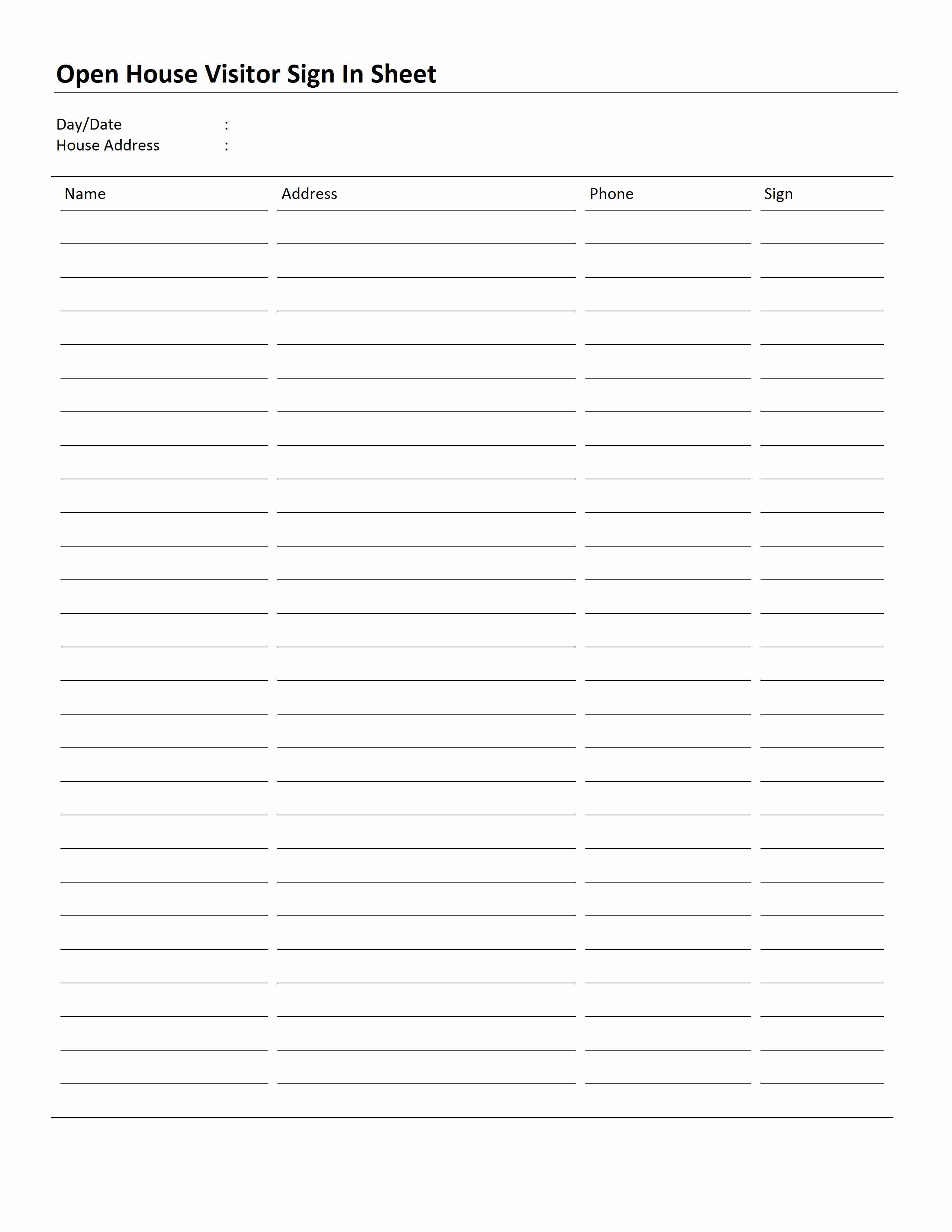 Open House Sign In Sheet Template for Word