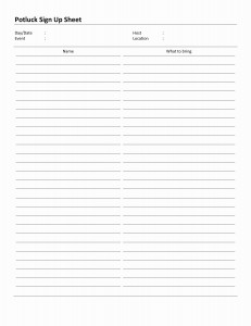Potluck Sign Up Sheet Template for Word