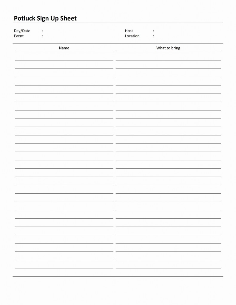 Potluck Sign Up Sheet