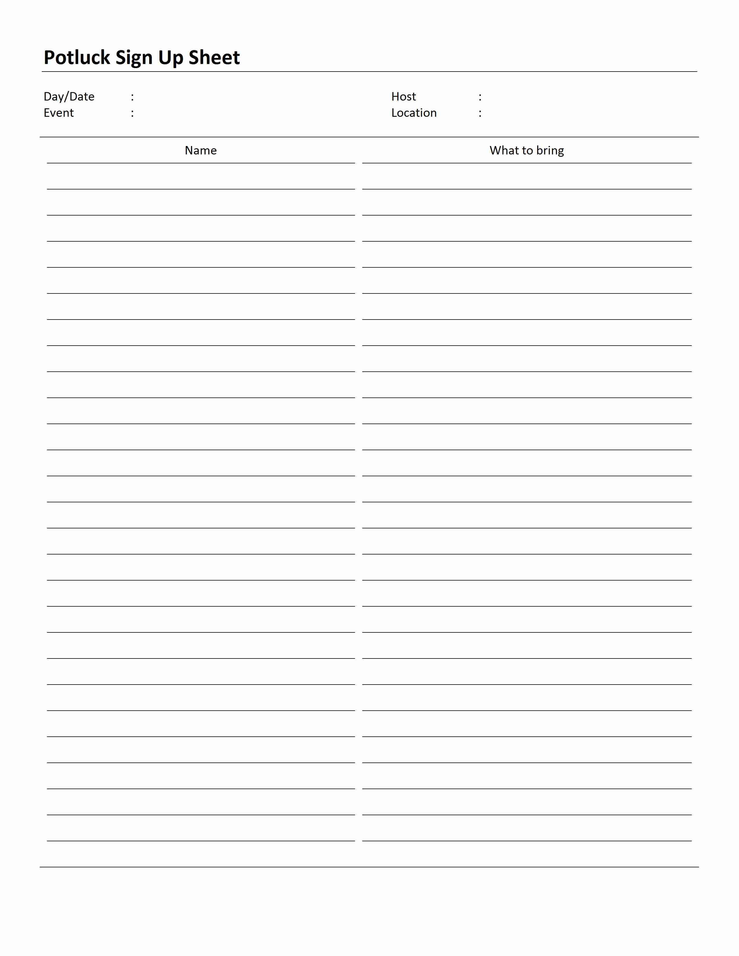 Potluck Sign Up Sheet