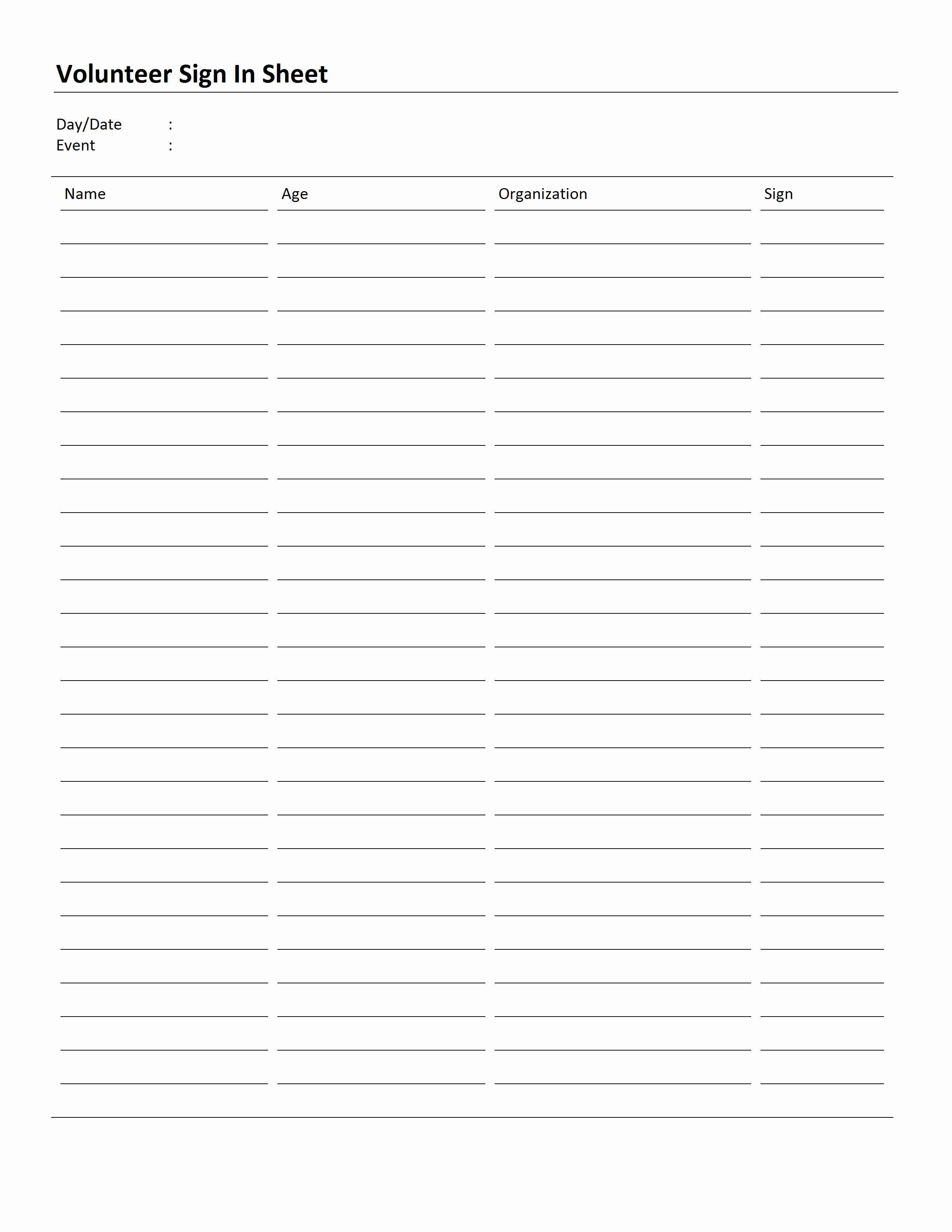 Volunteer Sign In Sheet
