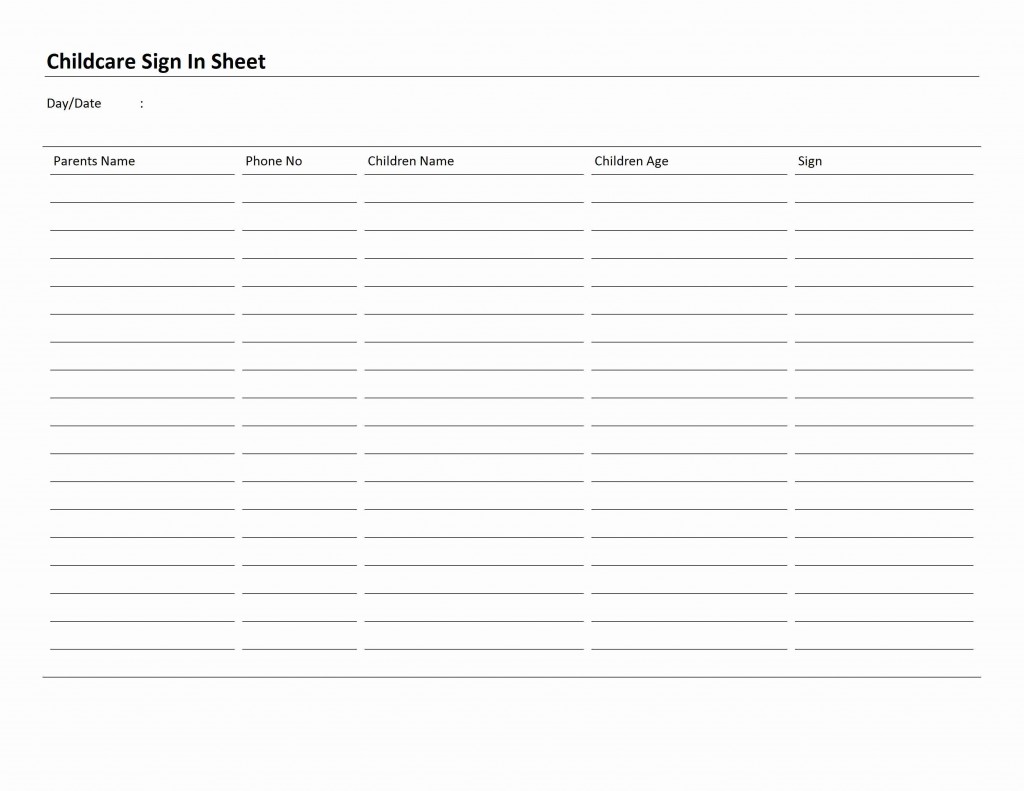 Childcare Sign In Sheet Template for Word