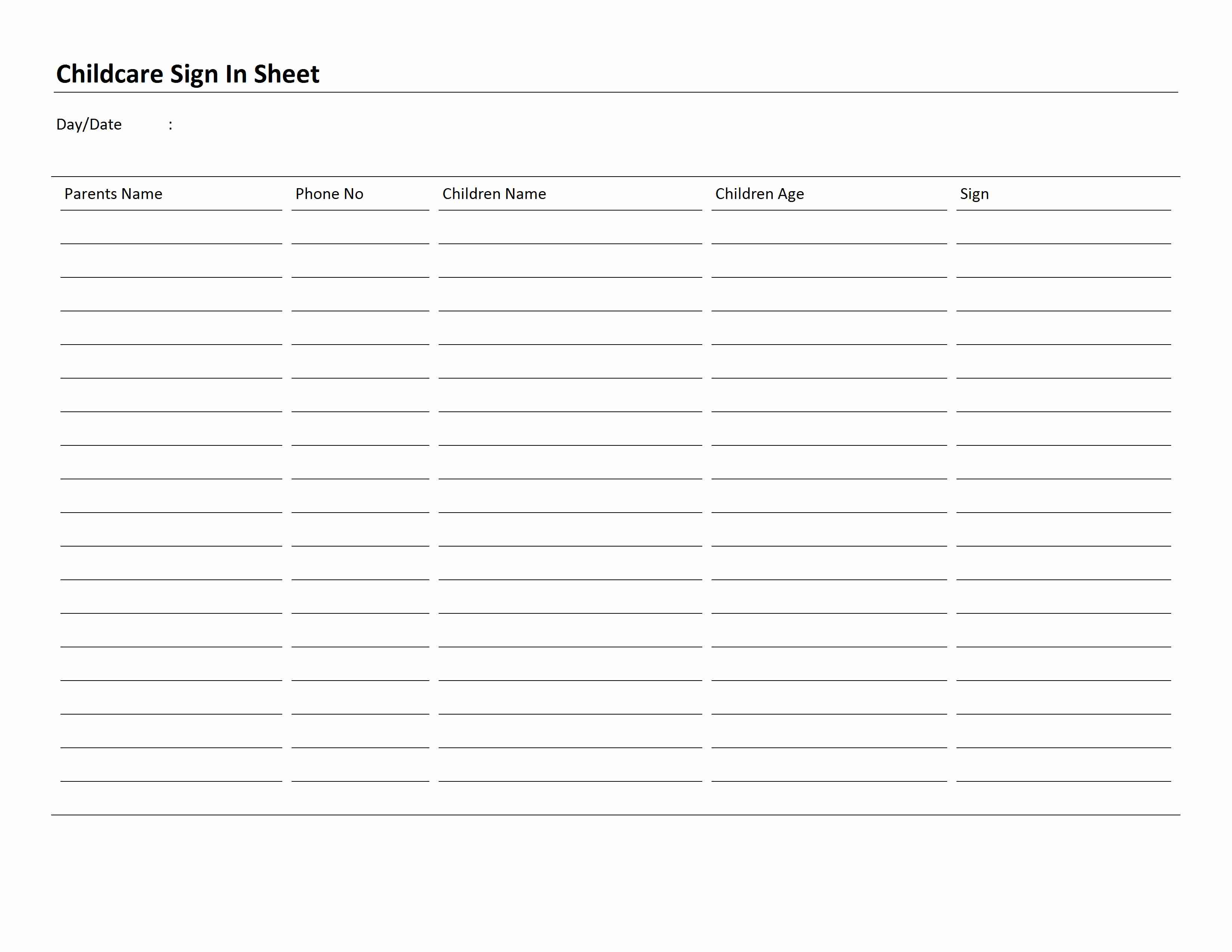 Childcare Sign In Sheet Template for Word