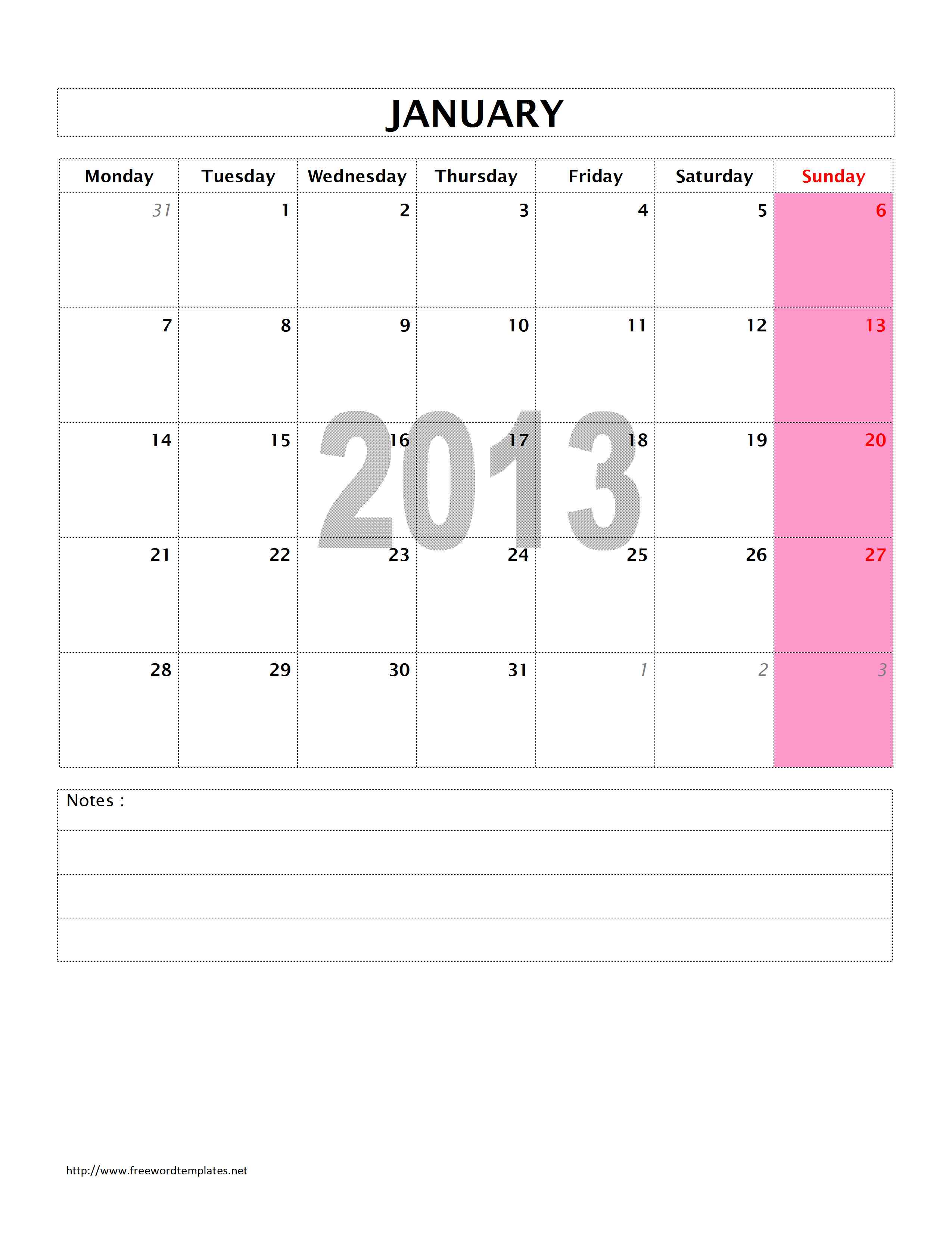 2013 Monthly Calendar Template for Microsoft Word