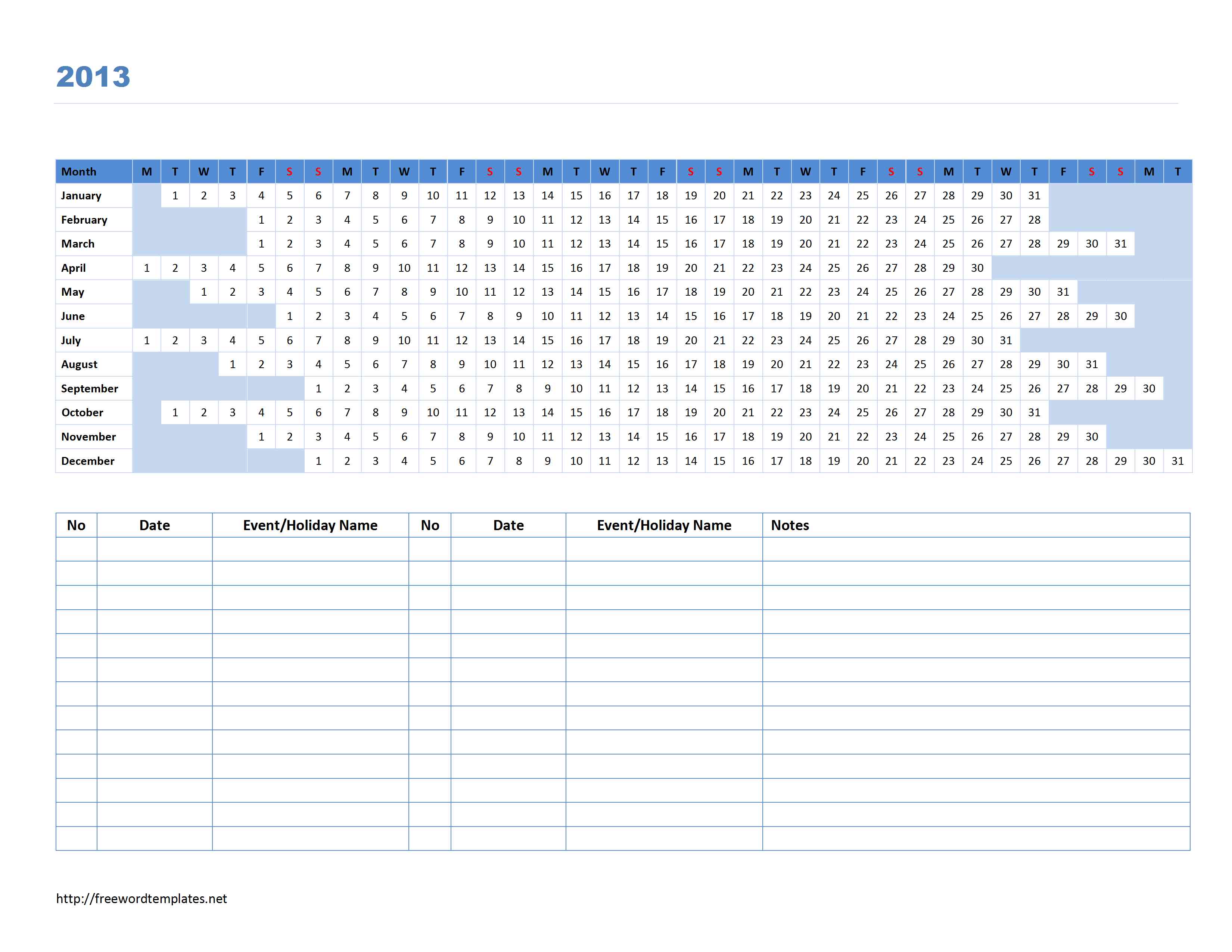 2013 Linear Calendar Template for Microsoft Word
