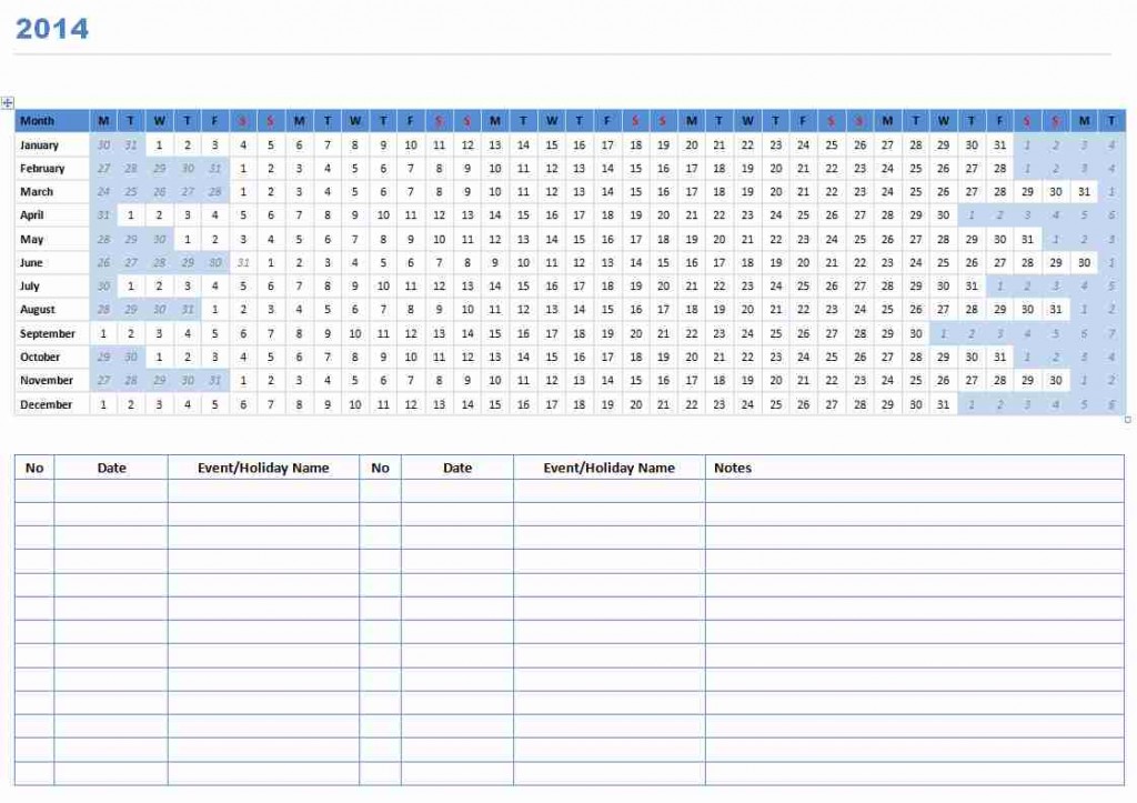 2014 Linear Calendar