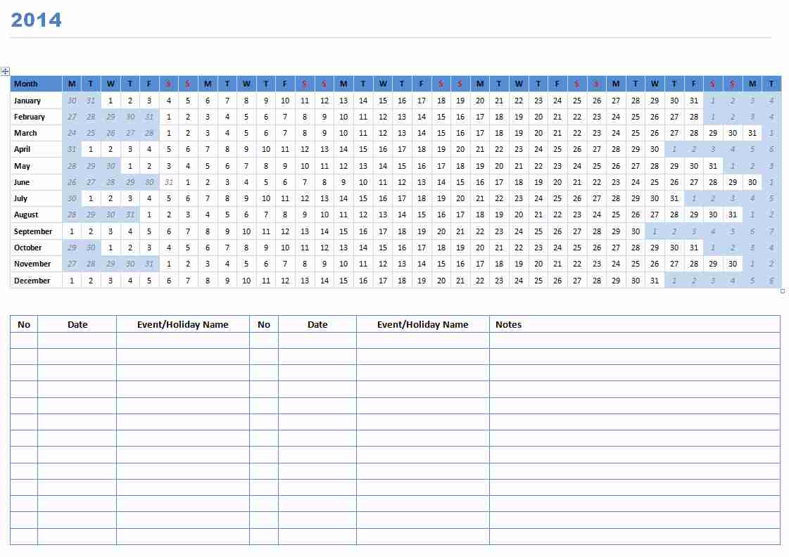 2014 Linear Calendar Template for Microsoft Word