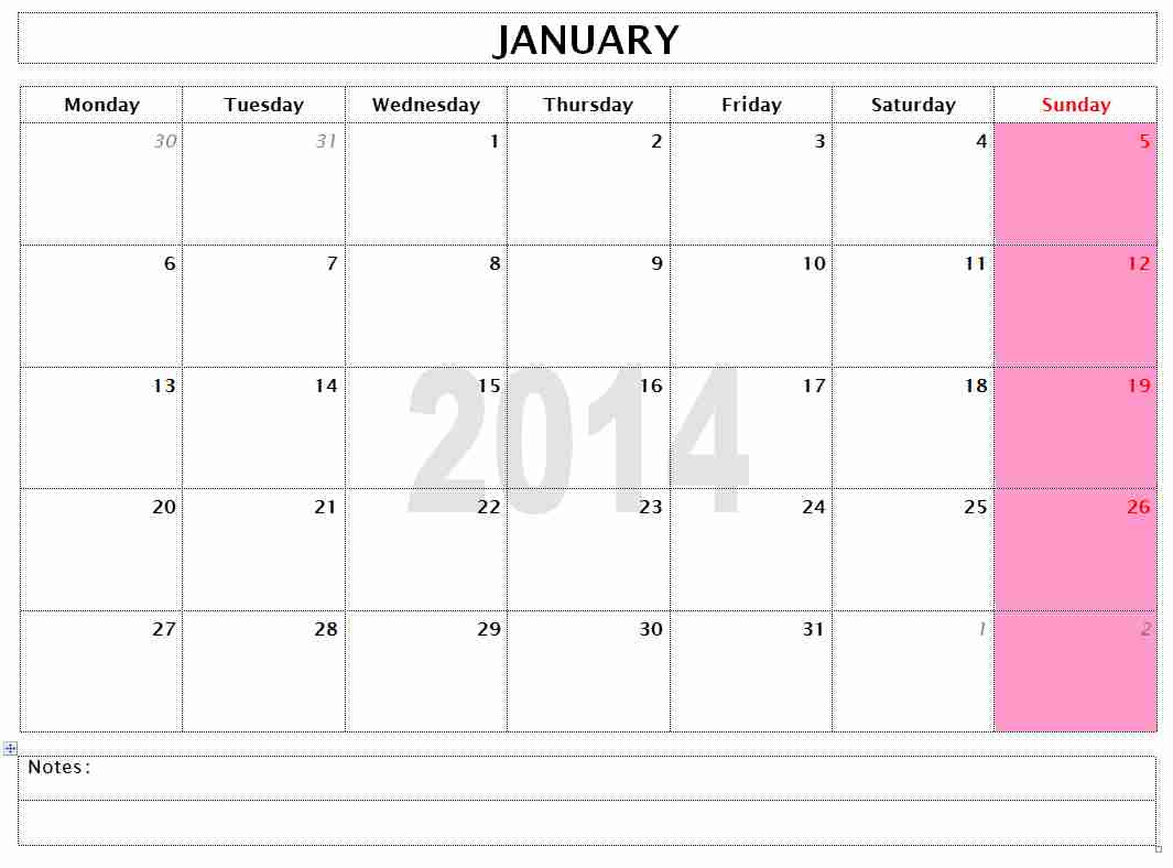 2014 Monthly Calendar Template for Microsoft Word
