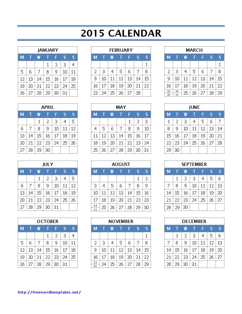 2015 Year Calendar Template for Microsoft Word