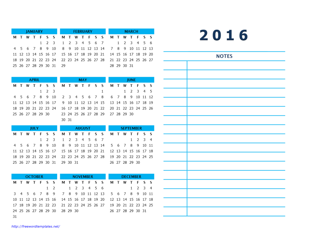 2016 Year Calendar with Side Notes 2 - Landscape