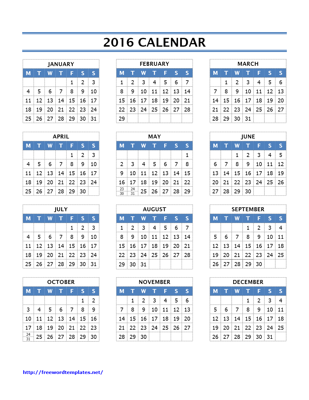 2016 Year Calendar Template - Word
