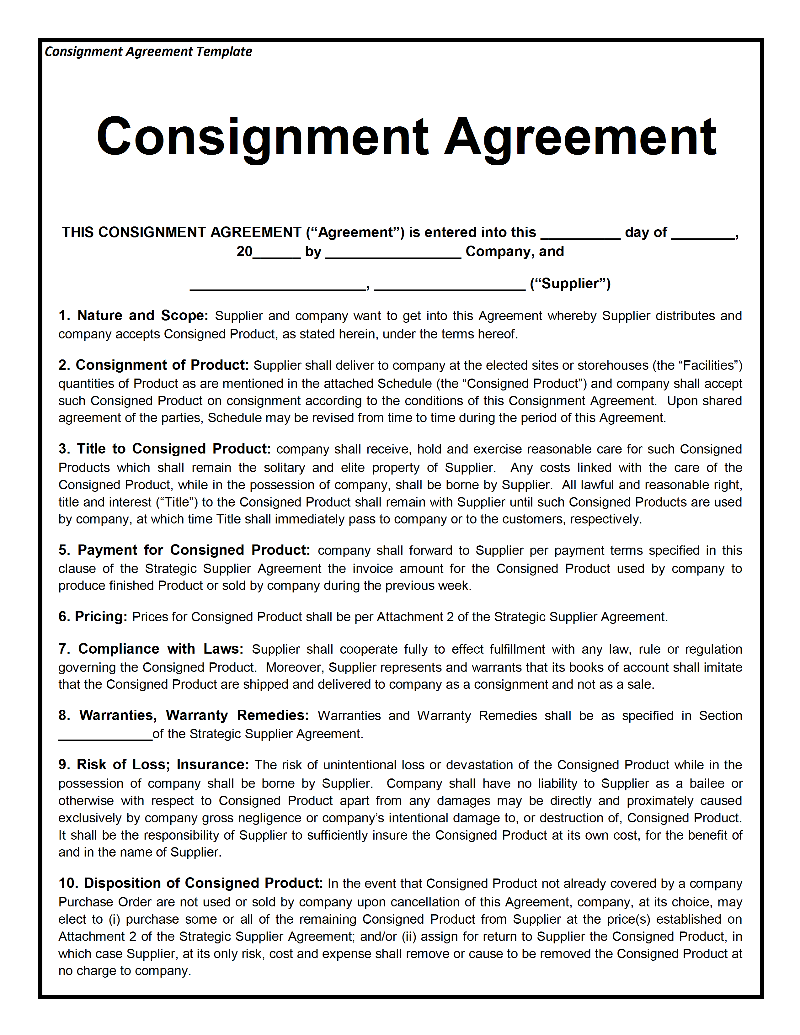 Consignment Agreement Sample