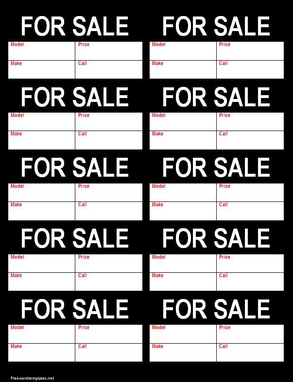 For Sale Tag Template for Word