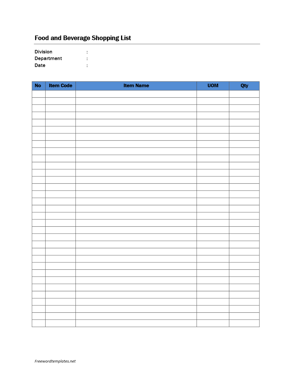 Food and Beverage Shopping List Template