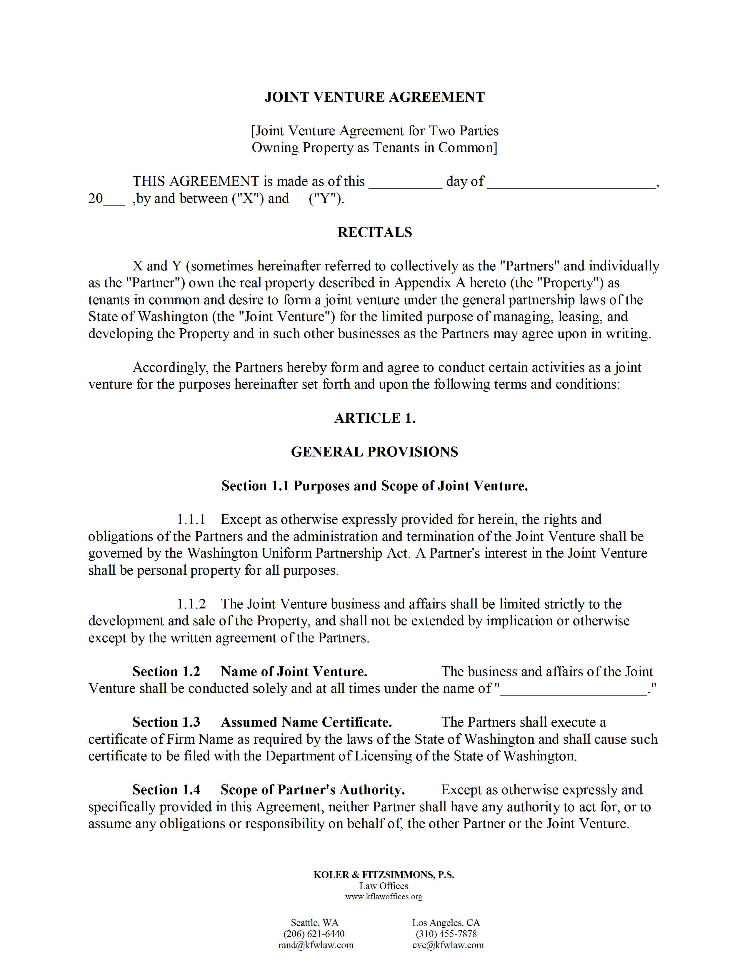 Joint Venture Agreement Template Free