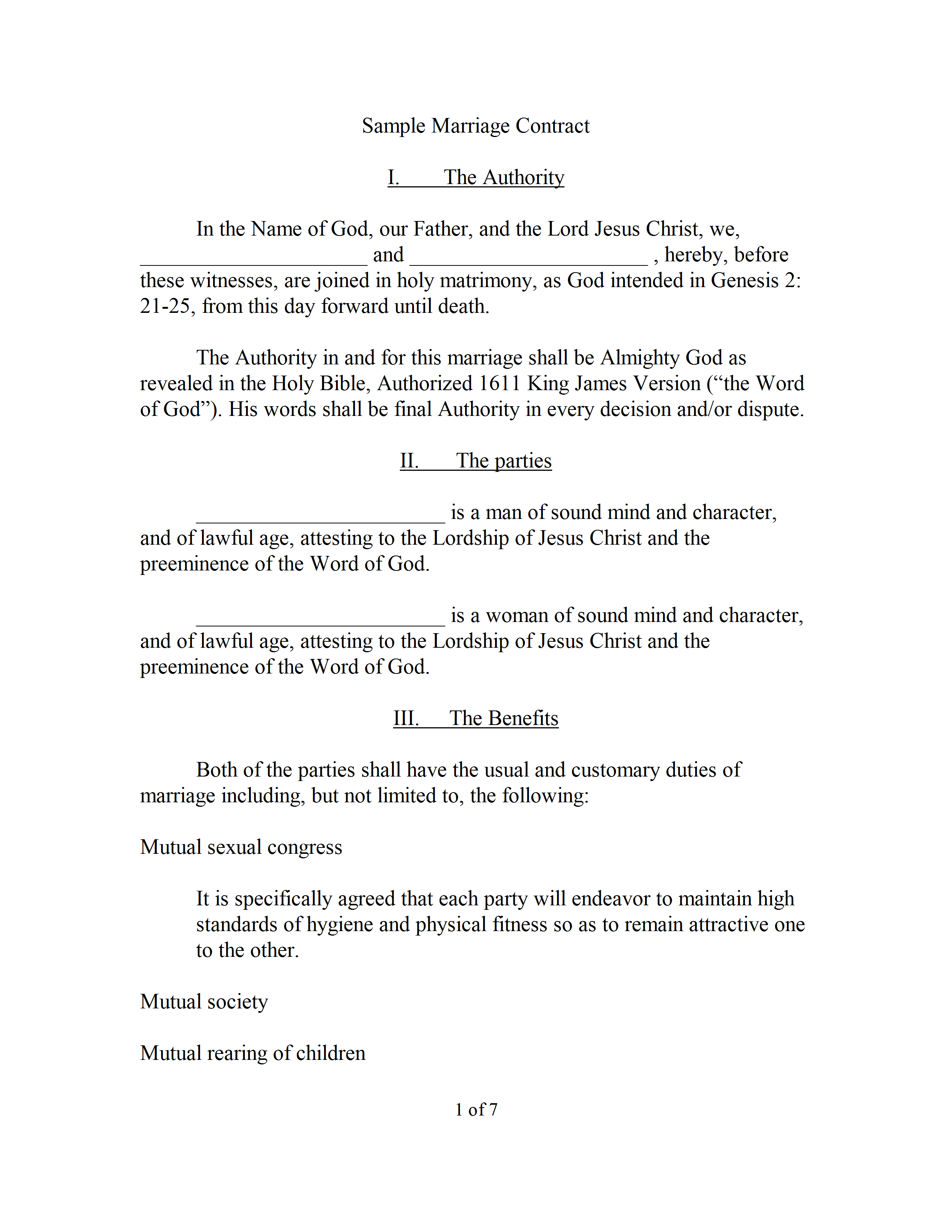Marriage Contract Sample in Microsoft Word