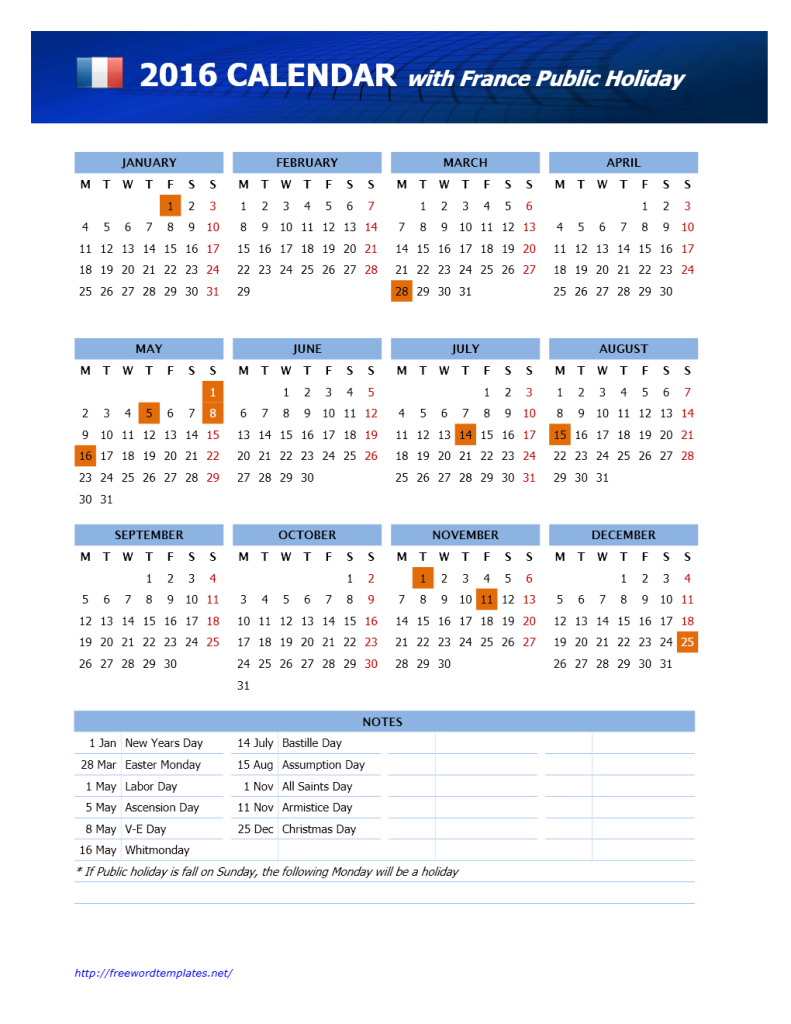 2016 France Public Holidays Calendar