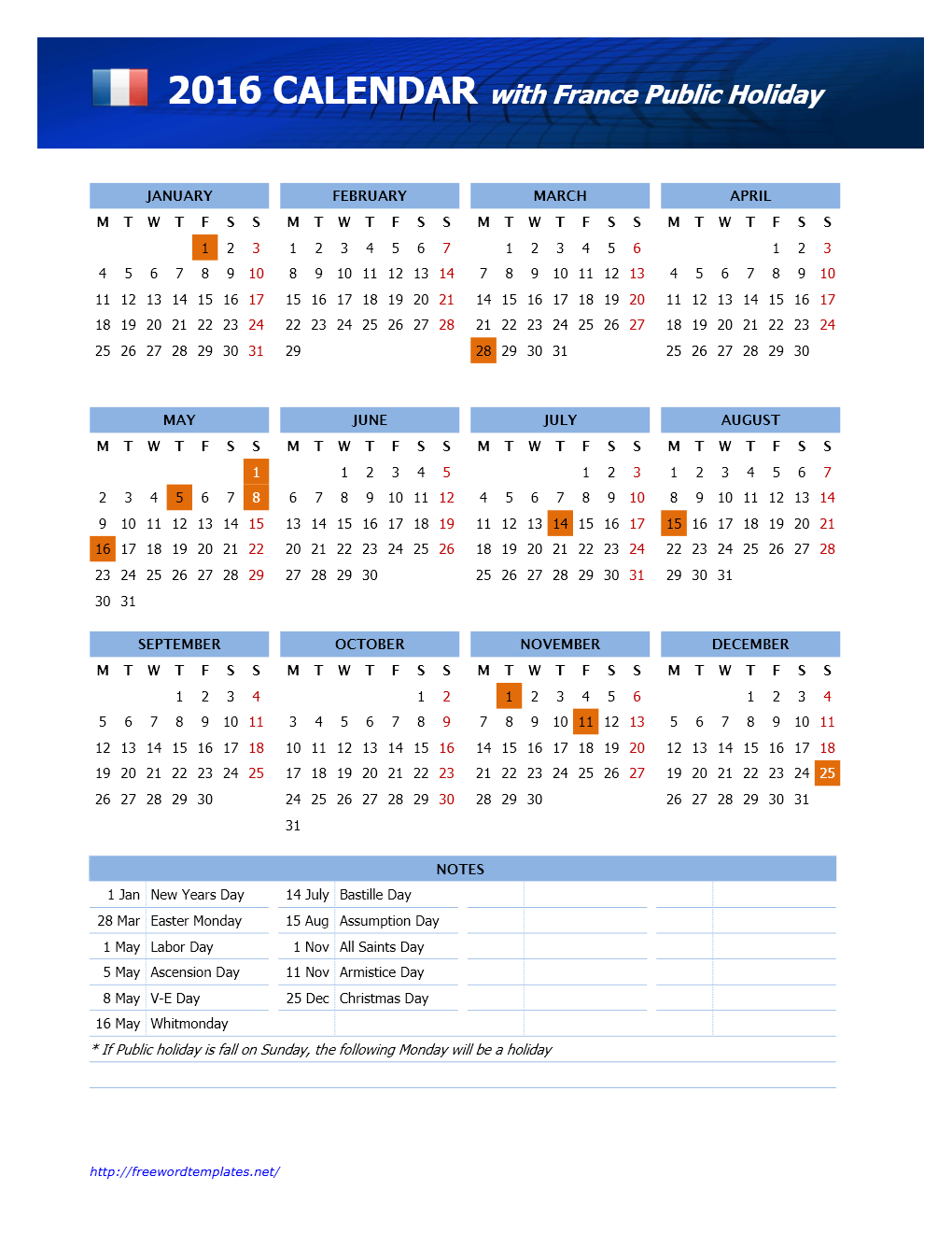 2016 France Public Holidays Calendar Template for Word