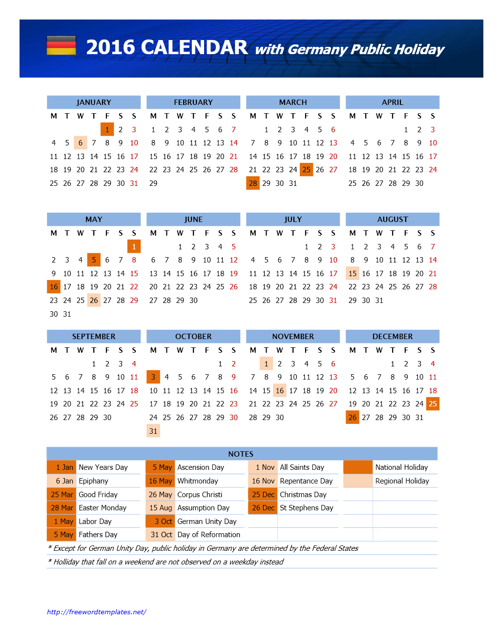 2016 Germany Public Holidays Calendar for Word