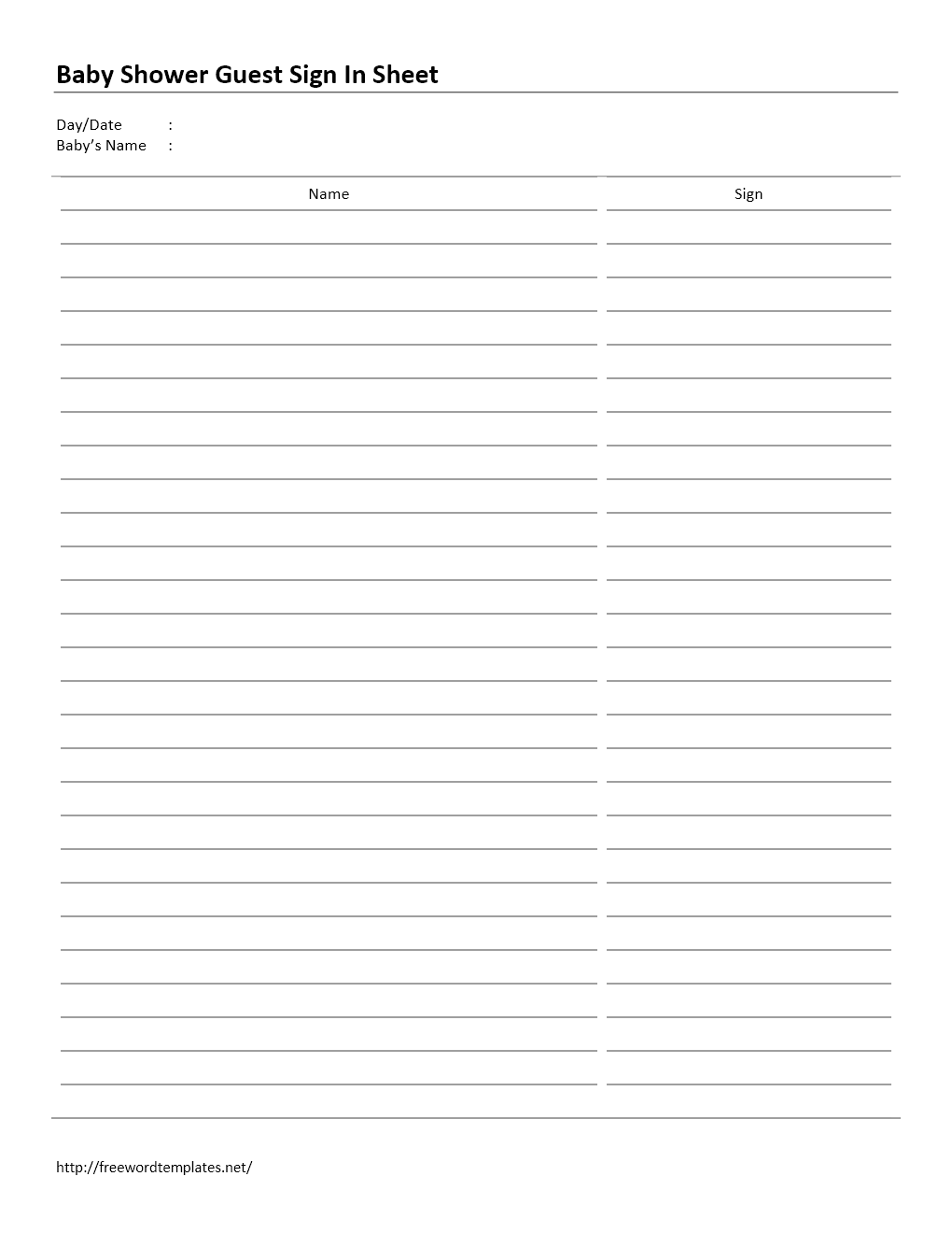 Baby Shower Guest Sign In Sheet Template