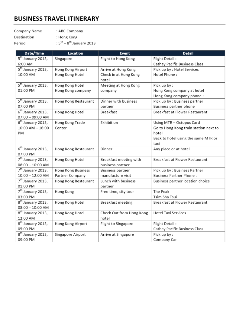 itinerary business trip example