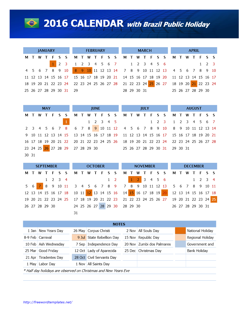 2016 Brazil Public Holidays Calendar