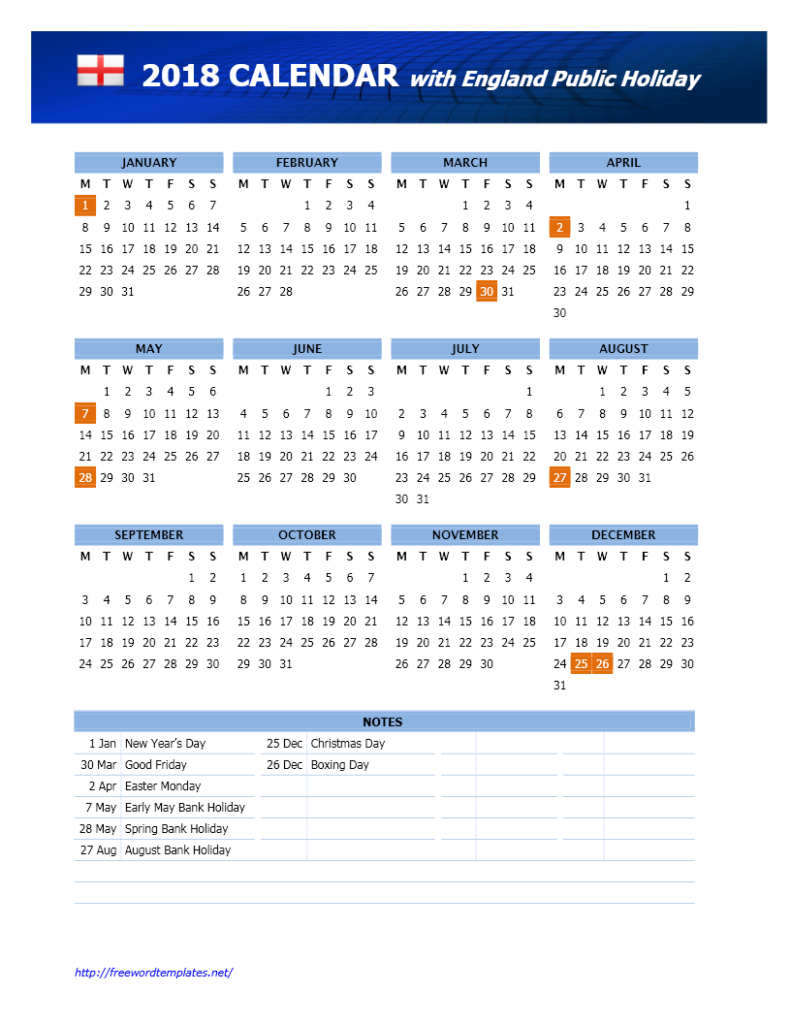 2018 England Calendar with Public Holidays
