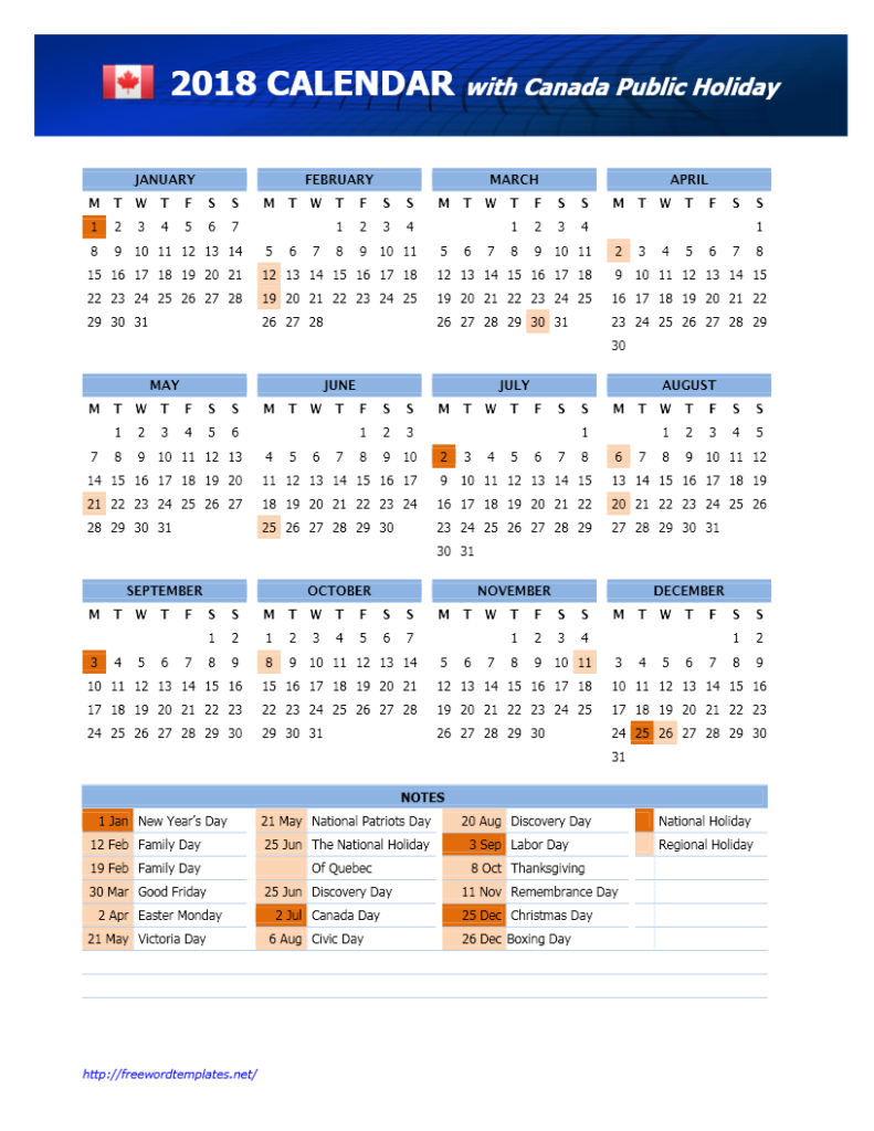 2018 Canada Calendar with Public Holidays