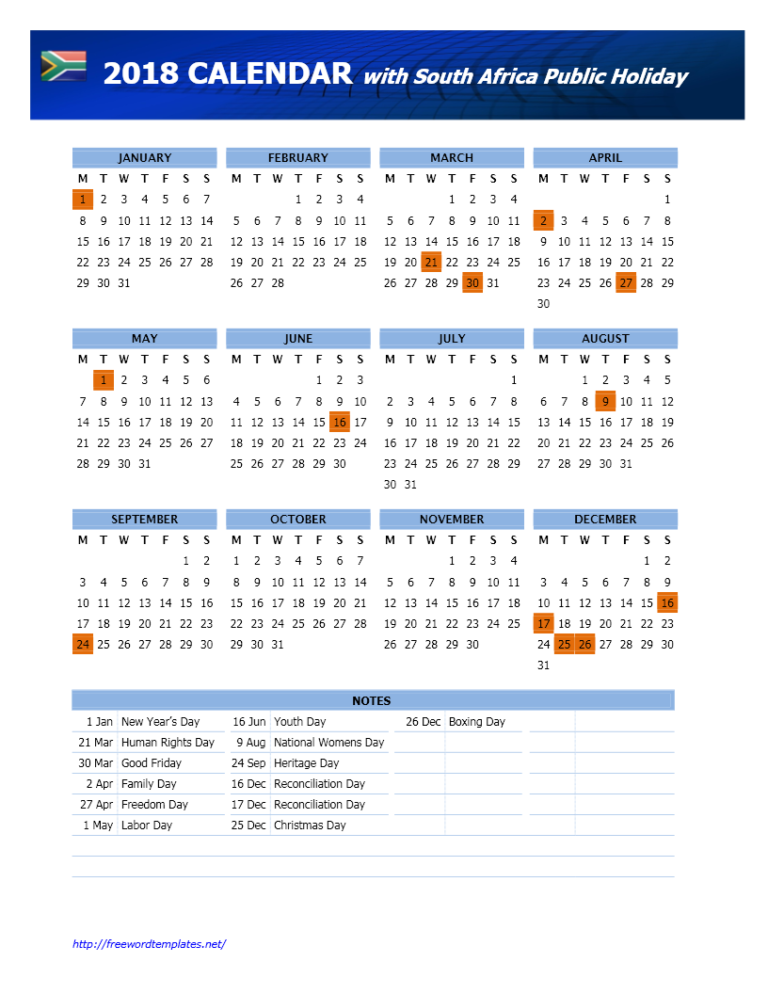 2018 South Africa Public Holidays Calendar