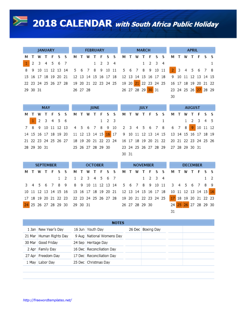 2018 South Africa Calendar with Public Holidays