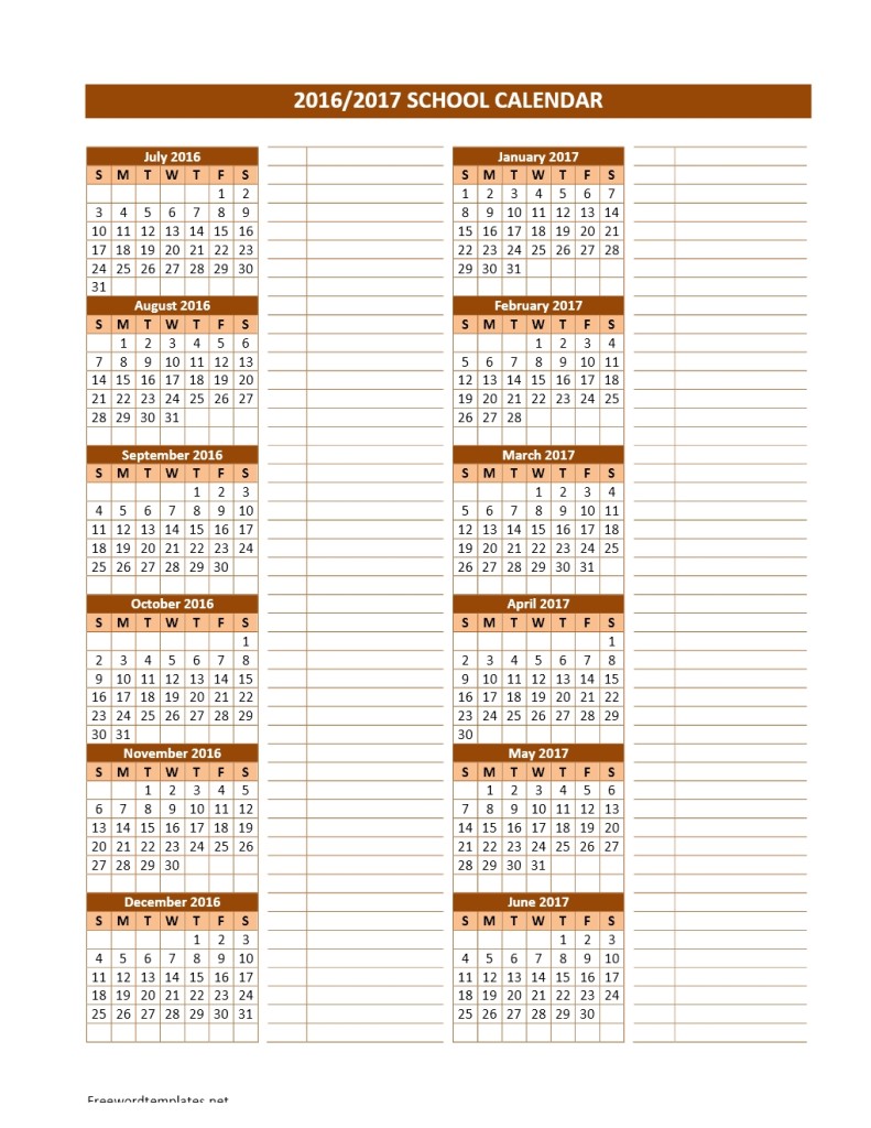 2016/2017 School Calendar Template for Word