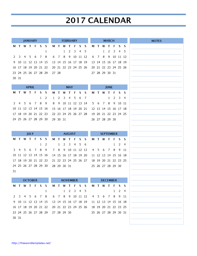 2017 Calendar Template with Side Notes