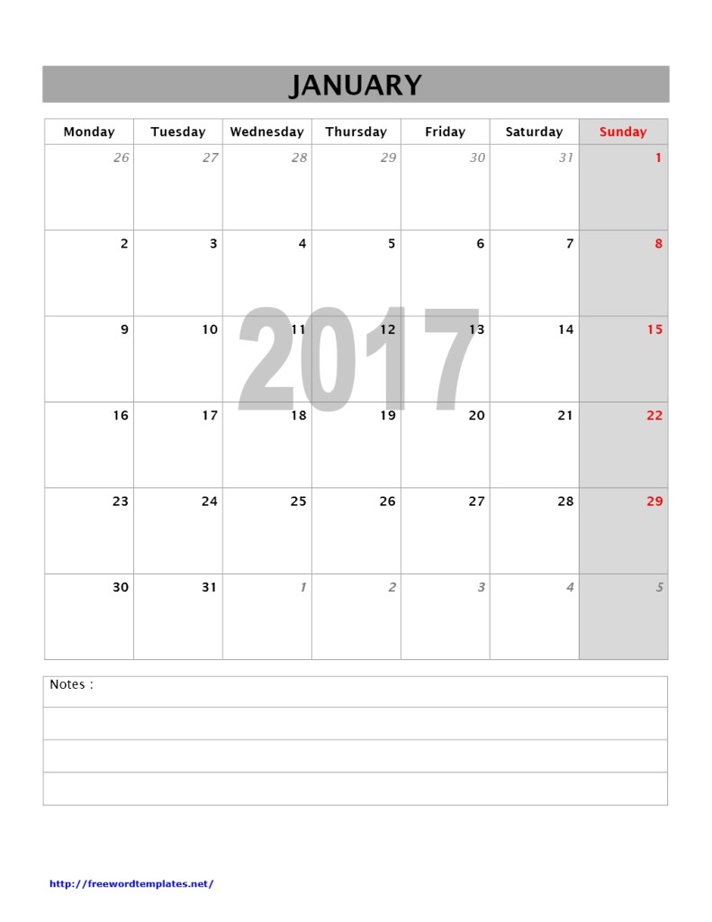 2017 Month Calendar - January