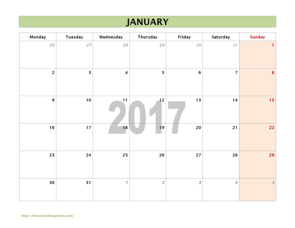 2017 Month Calendar Template for Word