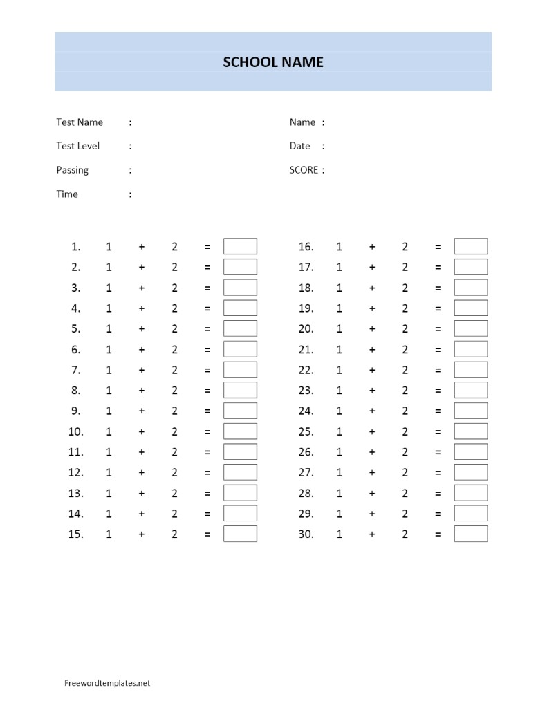 Math Quiz Sheet Template model 2