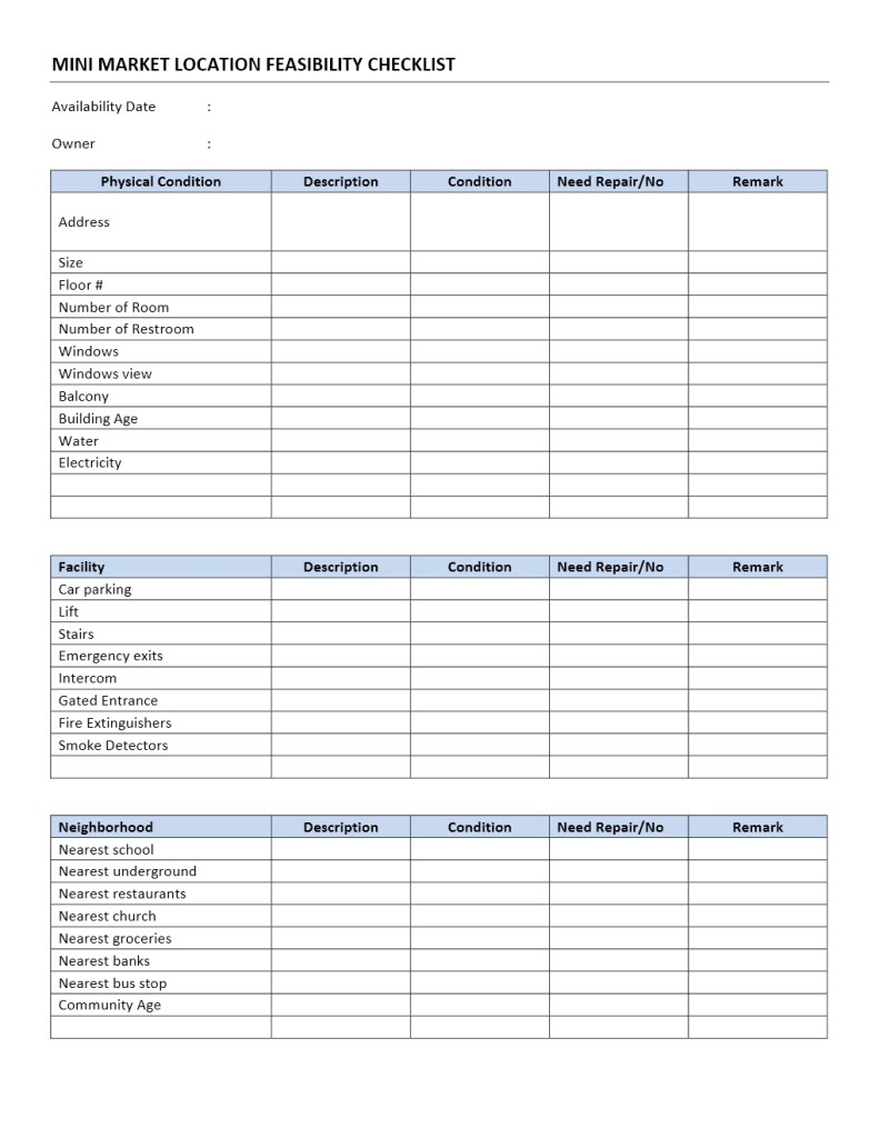 Convenience Store Feasibility Study Checklist Form Template