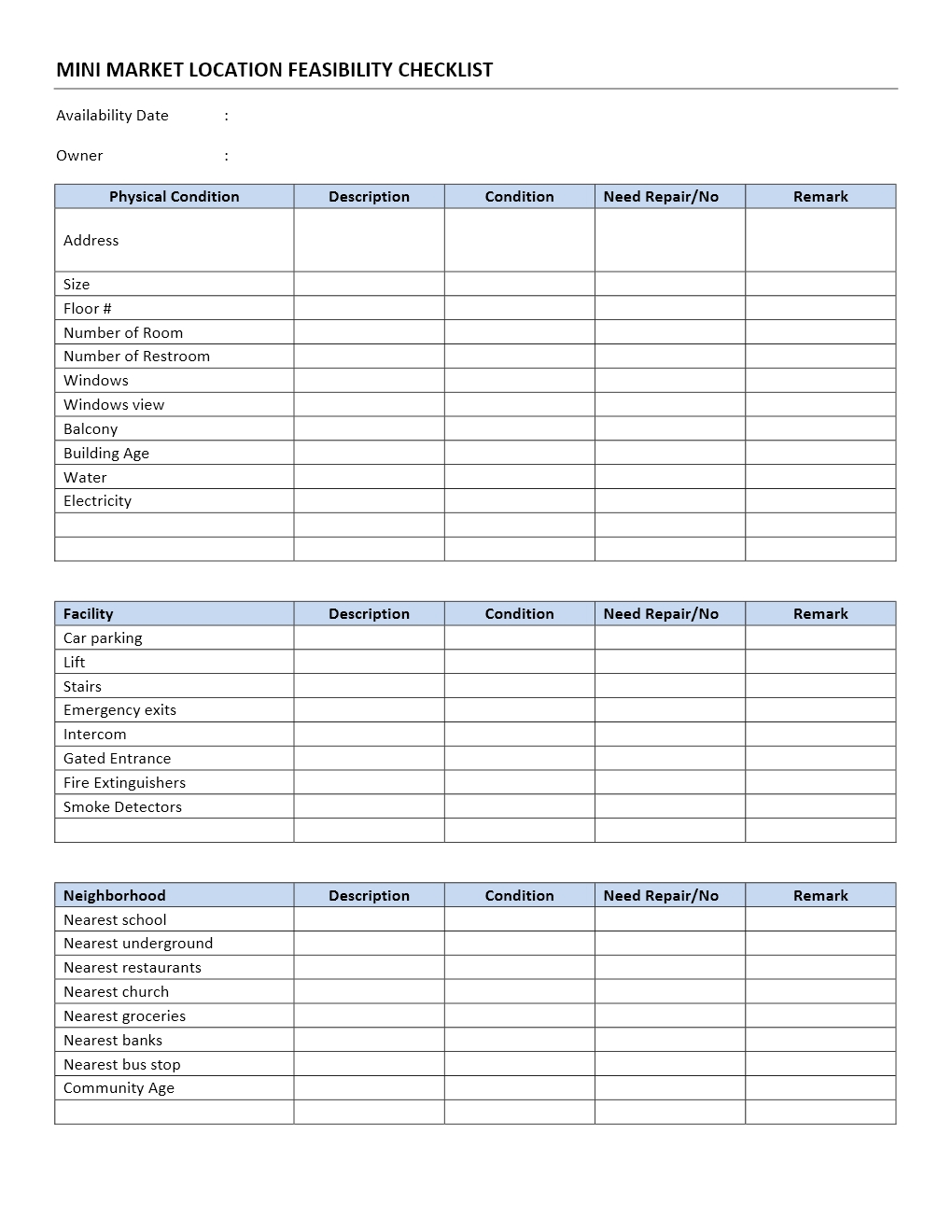 Convenience Store Feasibility Study Checklist Form Template